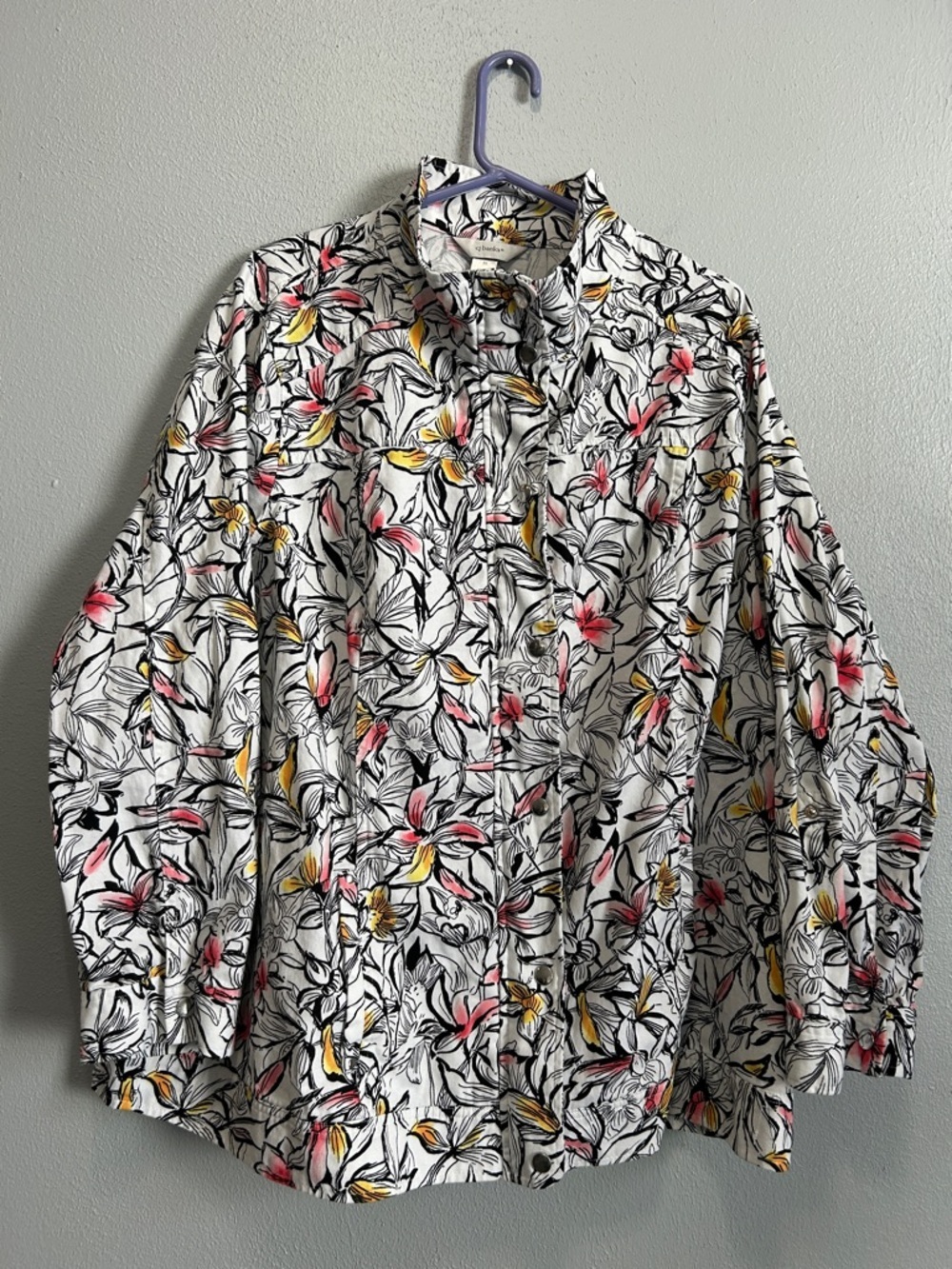 CJ Banks White Floral Button-Down light jacket with Pink & Yellow Blooms. 3x